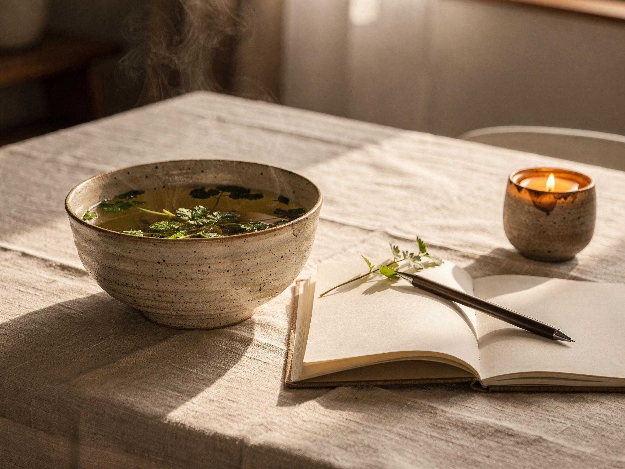 薬膳のスープとノートのある、静かなテーブル