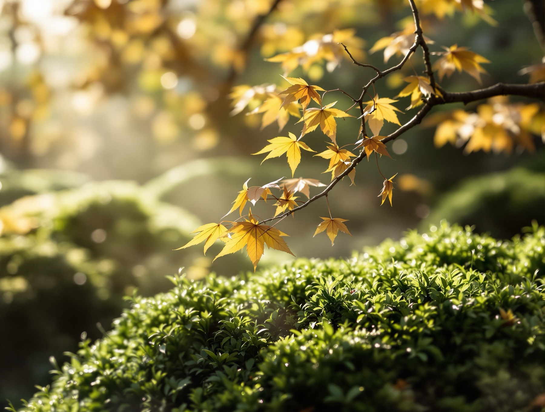 朝の光に包まれた庭の緑