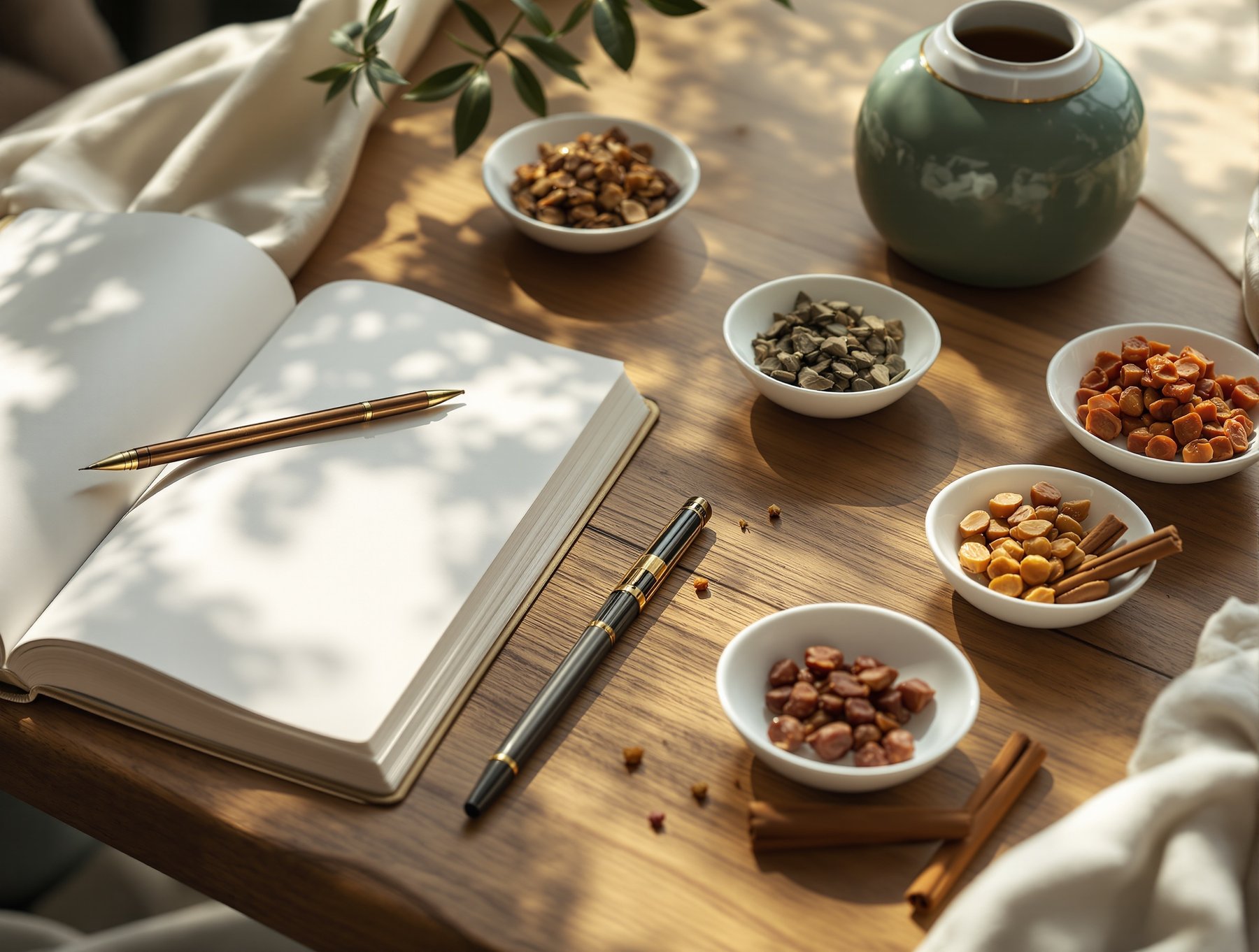 ノートと薬膳食材のある学びのテーブル